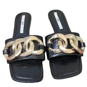 Zara Black Leather Chunky Gold Chain Square Toe Sandals Slides - Size 7